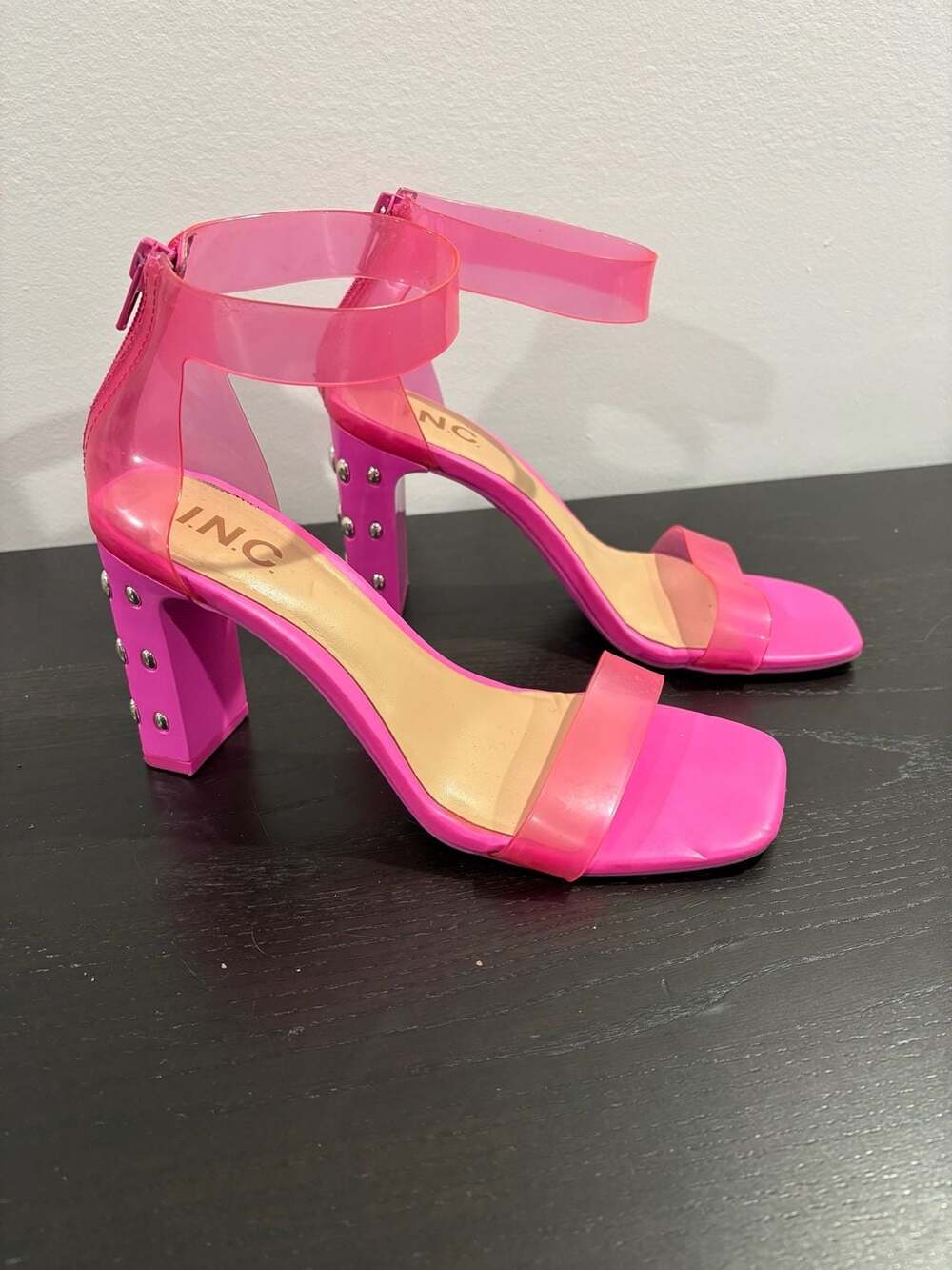 INC International Concepts Pink Clear Studded Block Heel Sandals